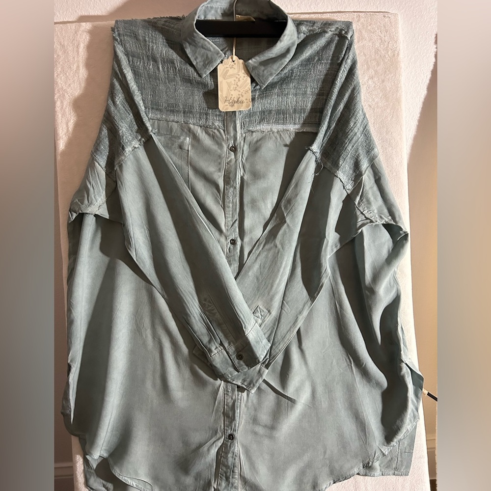 HYKU| Button-up Blouse| 3/4 Sleeve| Blue| Size Large